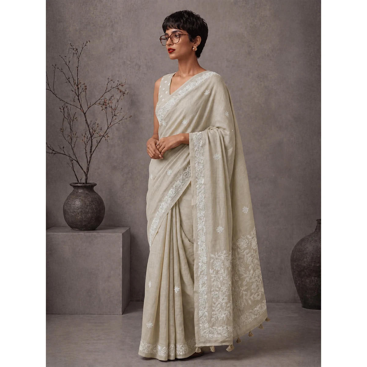 Premium Embellished Embroidered Linen Blend Handloom Bhagalpuri Saree
