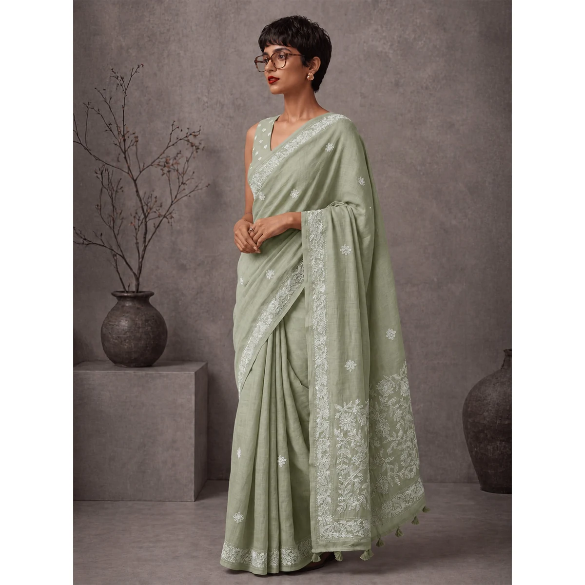 Premium Embellished Embroidered Linen Blend Handloom Bhagalpuri Saree thumbnail 2