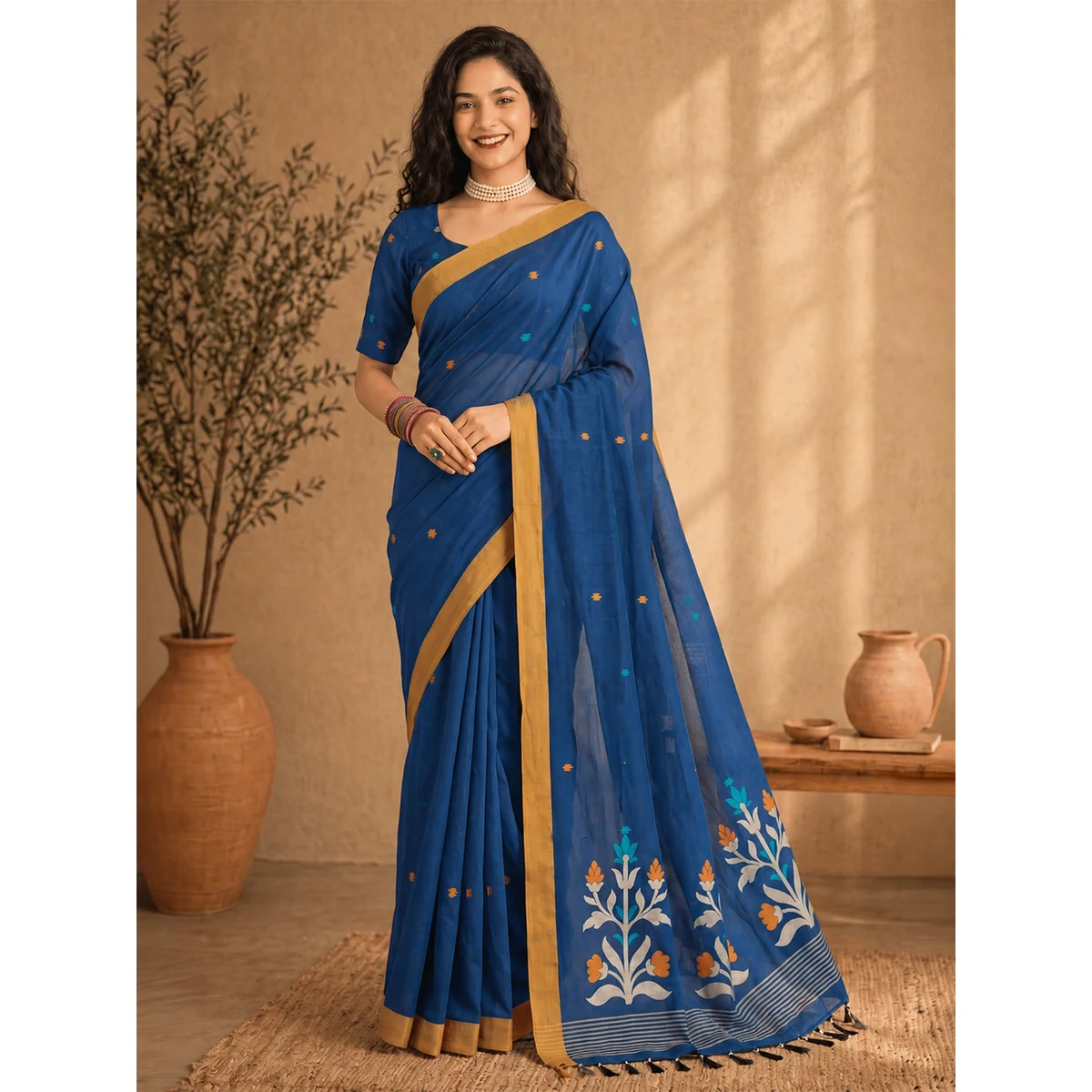 Premium Floral Jute Cotton Handloom Jamdani Saree