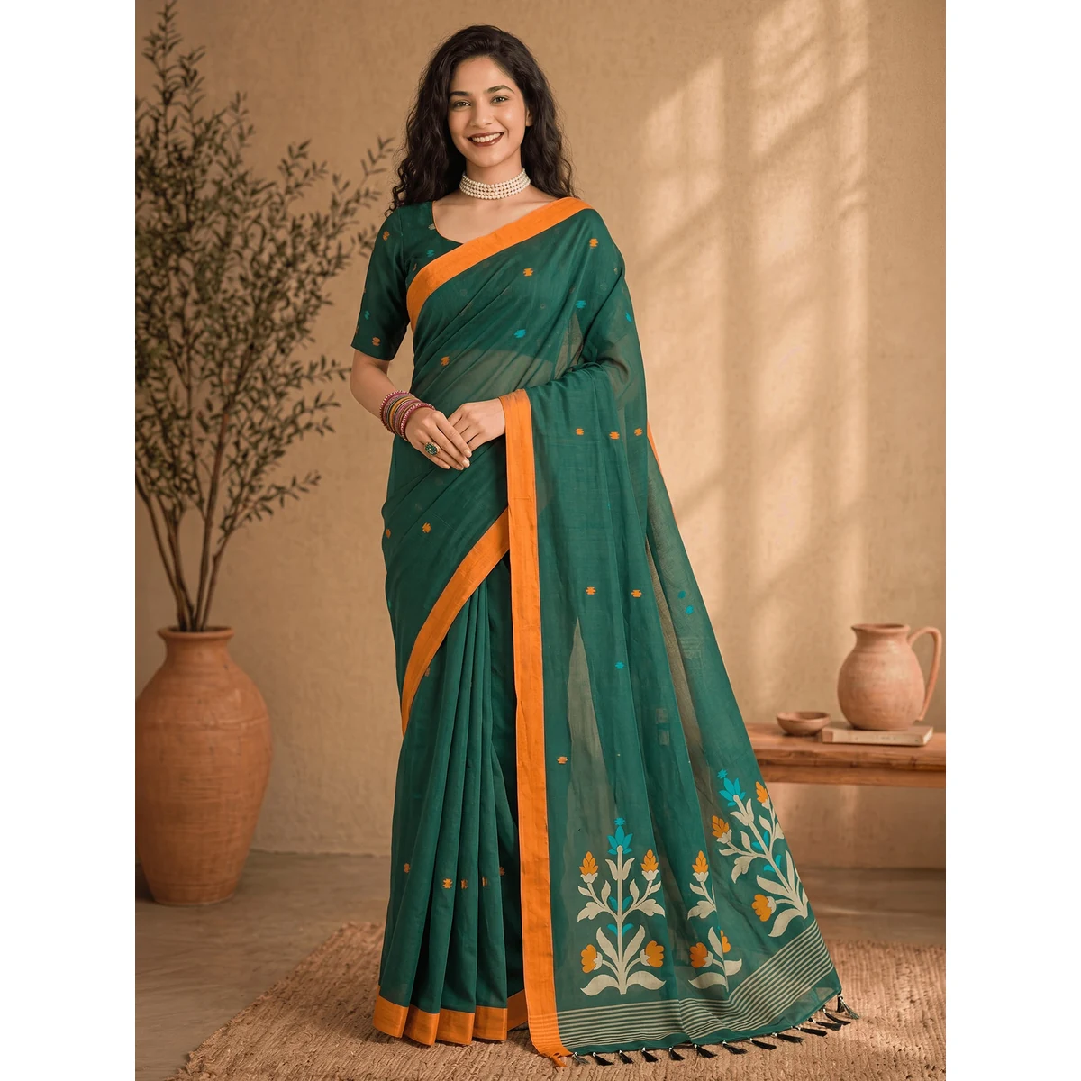 Premium Floral Jute Cotton Handloom Jamdani Saree thumbnail 2