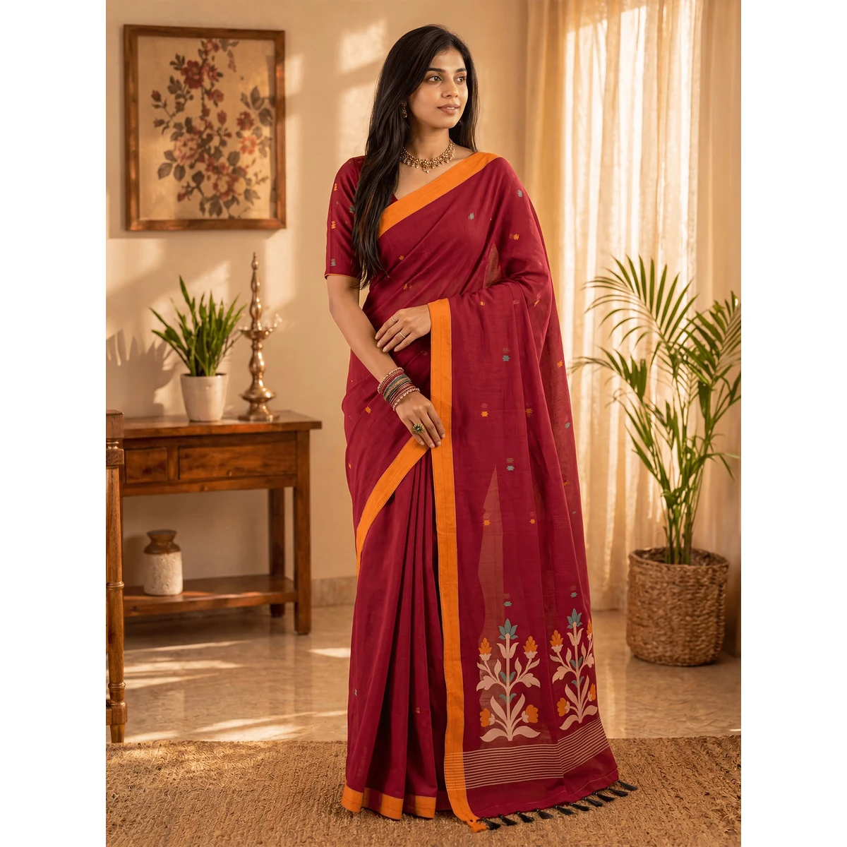 Premium Floral Jute Cotton Handloom Jamdani Saree thumbnail 3