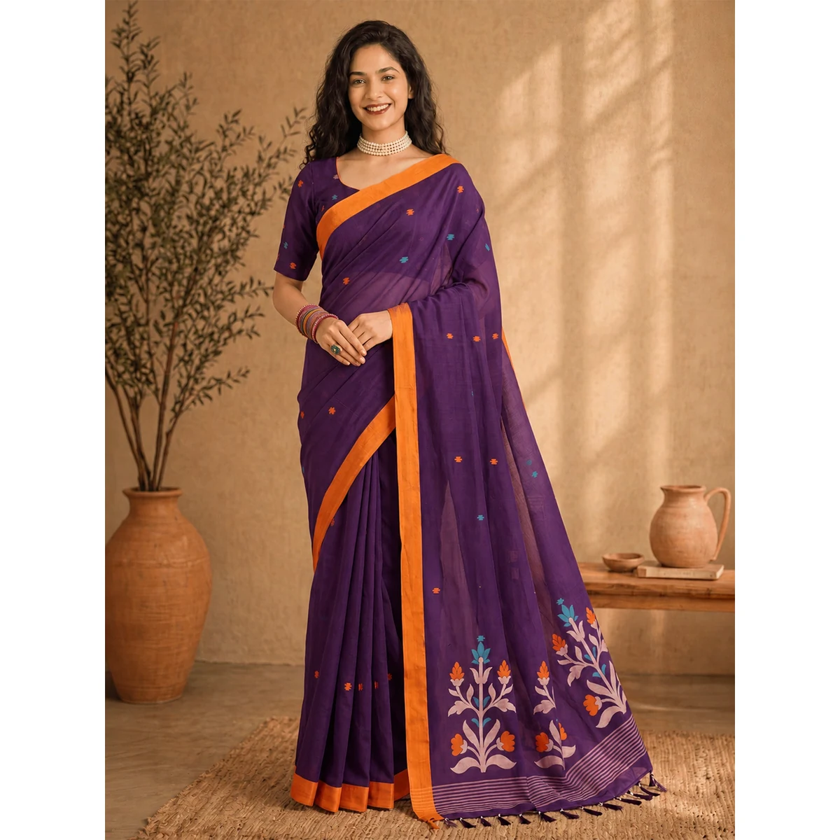 Premium Floral Jute Cotton Handloom Jamdani Saree thumbnail 4