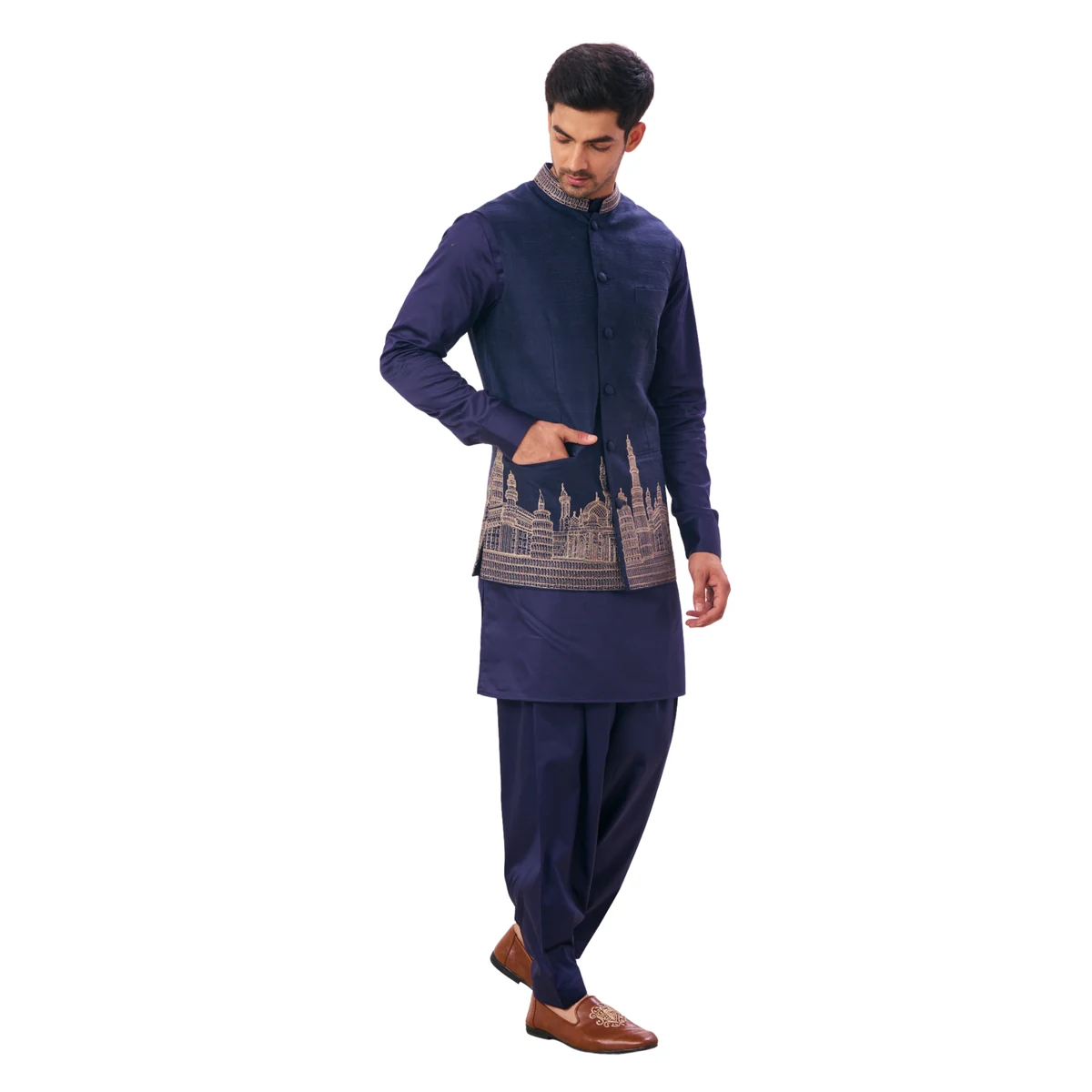 Premium Men's Raj-Mahal Embroidered Silk Nehru Jacket thumbnail 2