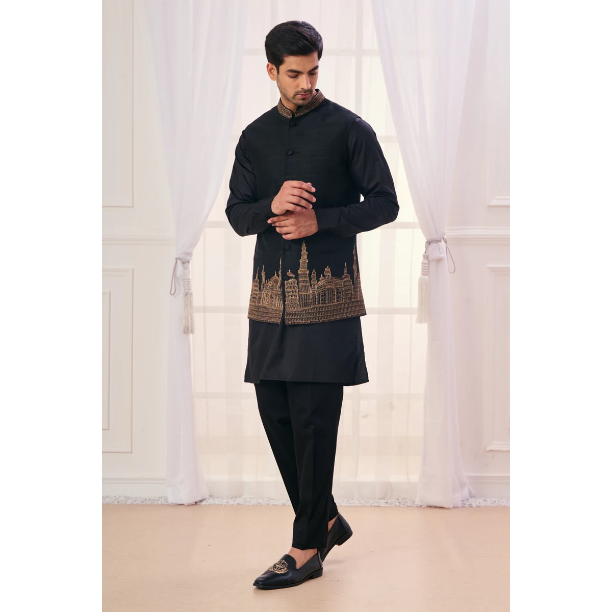 Premium Men's Raj-Mahal Embroidered Silk Nehru Jacket thumbnail 4