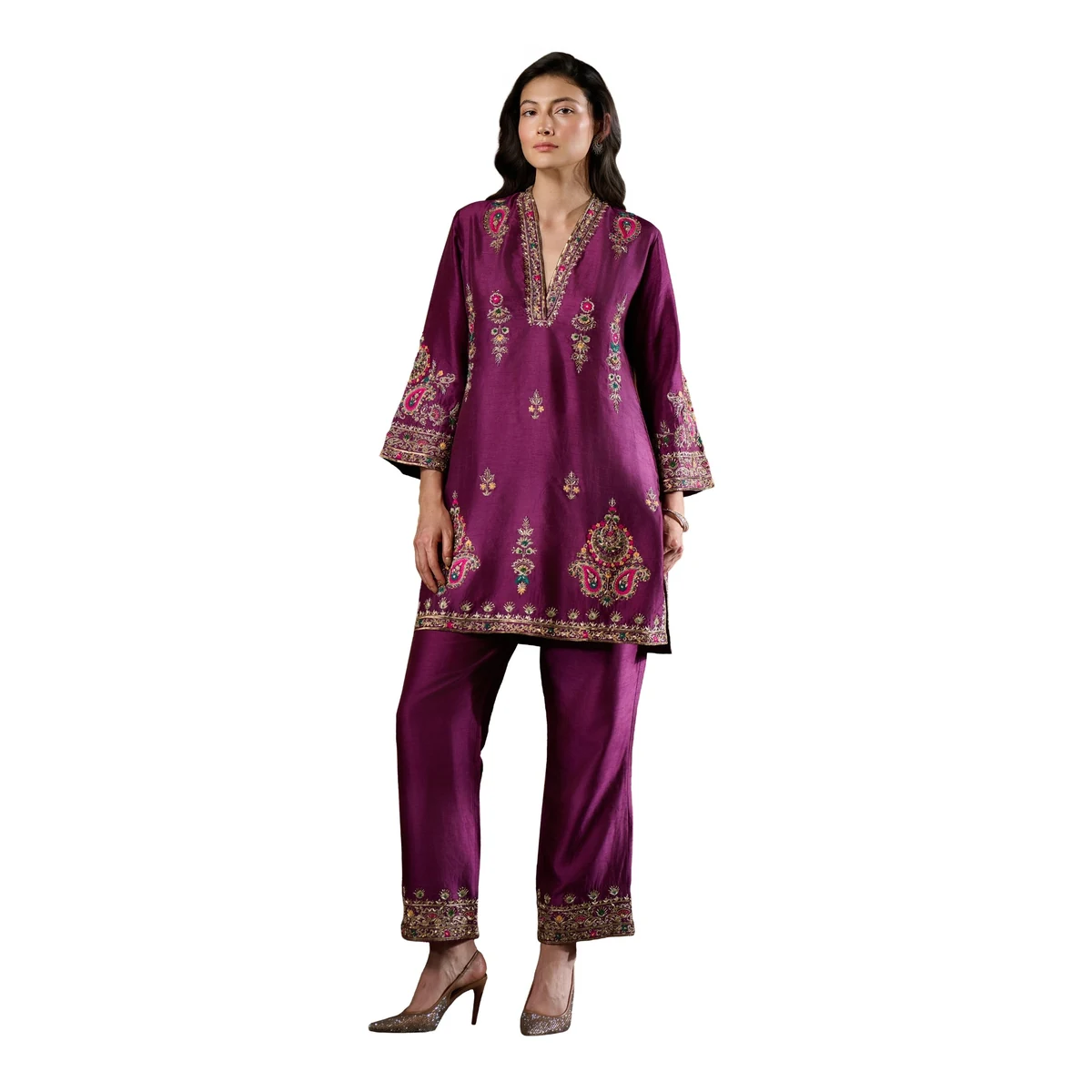 Premium Women's Magenta Chand Bagh Hand Embellished Kurta Set