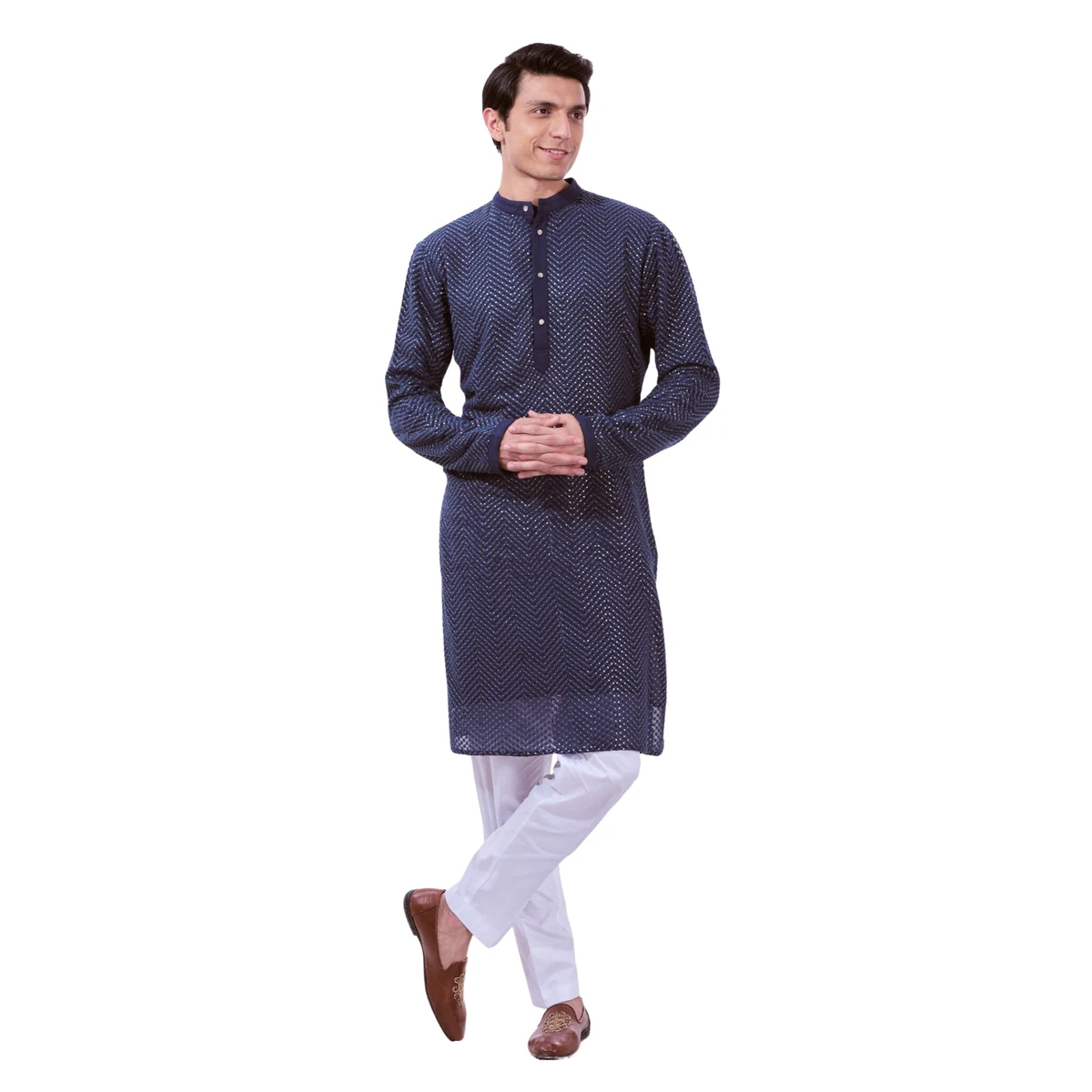 Premium Men's Navy Classic Sequin Chikankari Kurta Pajama Set