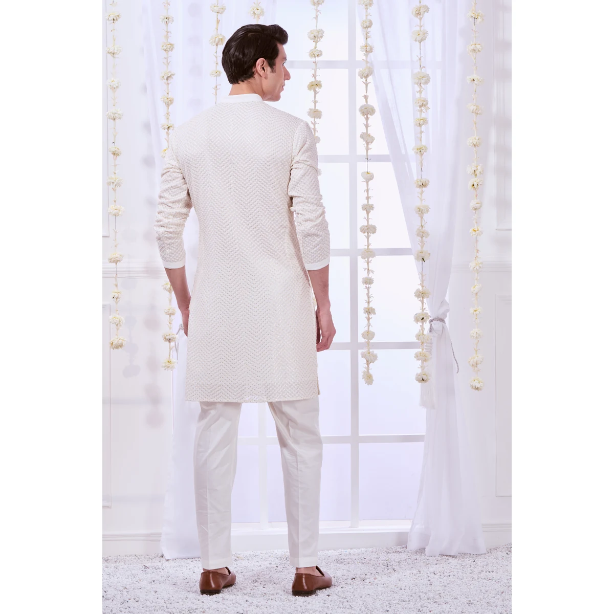 Premium Men's Navy Classic Sequin Chikankari Kurta Pajama Set thumbnail 3