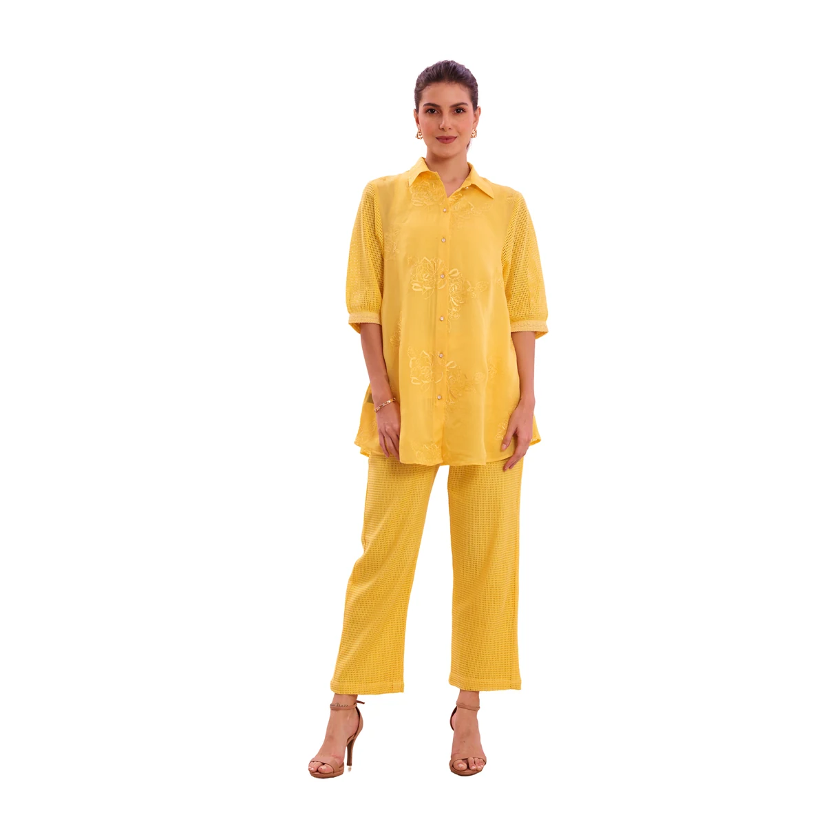 Premium Women's Yellow Embroidered Shirt & Pants Co-ord Set