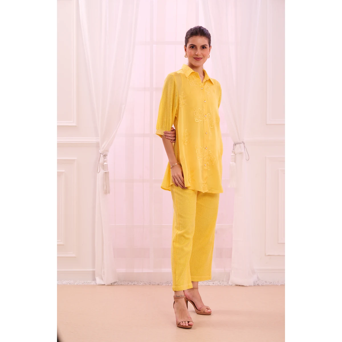 Premium Women's Yellow Embroidered Shirt & Pants Co-ord Set thumbnail 4