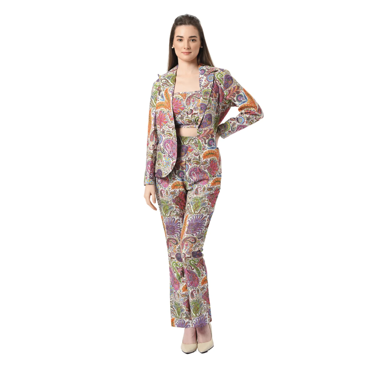 Premium Women's White Embroidered Paisley Kalamkari Silk Co-ord Set