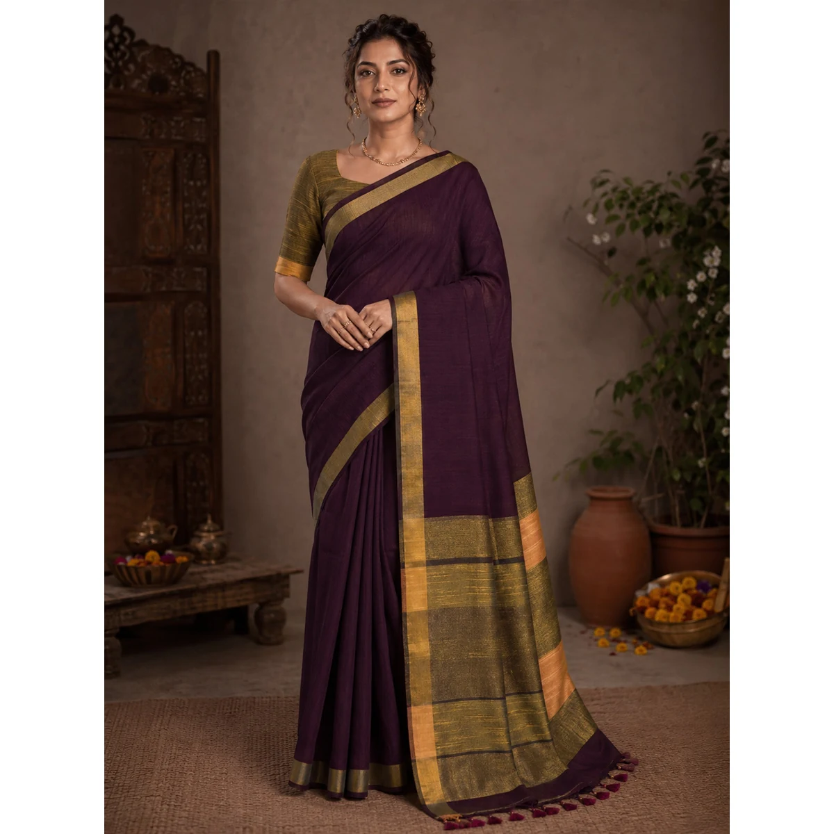 Premium Slub Cotton Antique Zari Border Saree