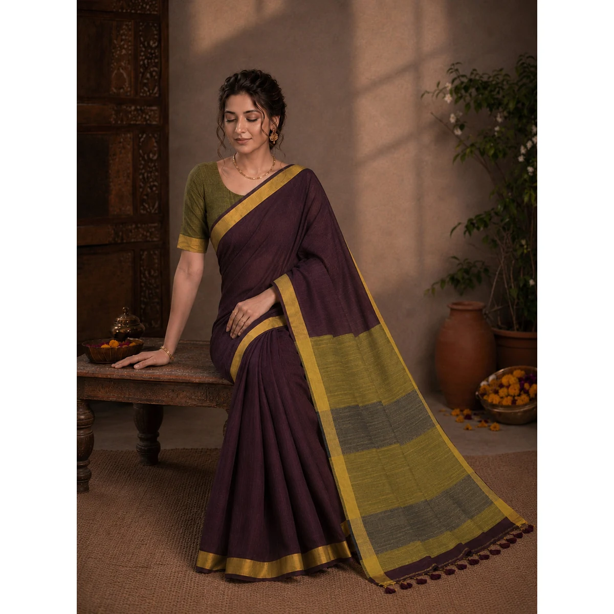 Premium Slub Cotton Antique Zari Border Saree thumbnail 4