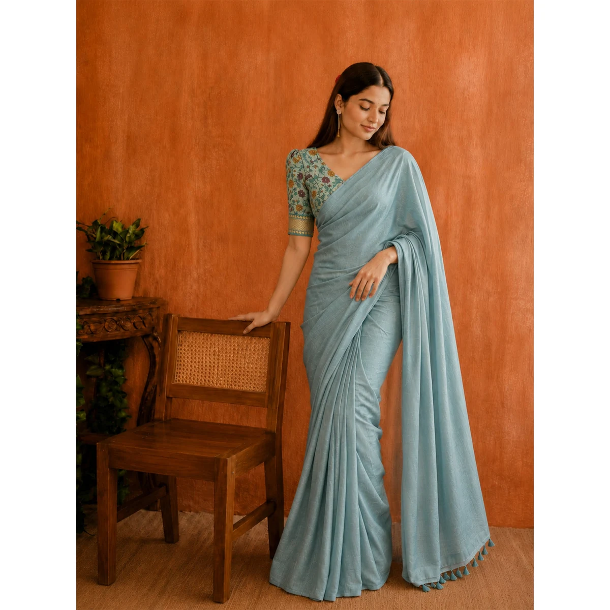 Premium Soft cotton saree with plain body and fancy Kalamkari print contrast blouse