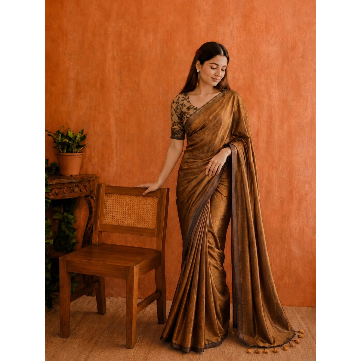 Premium Soft cotton saree with plain body and fancy Kalamkari print contrast blouse thumbnail 3
