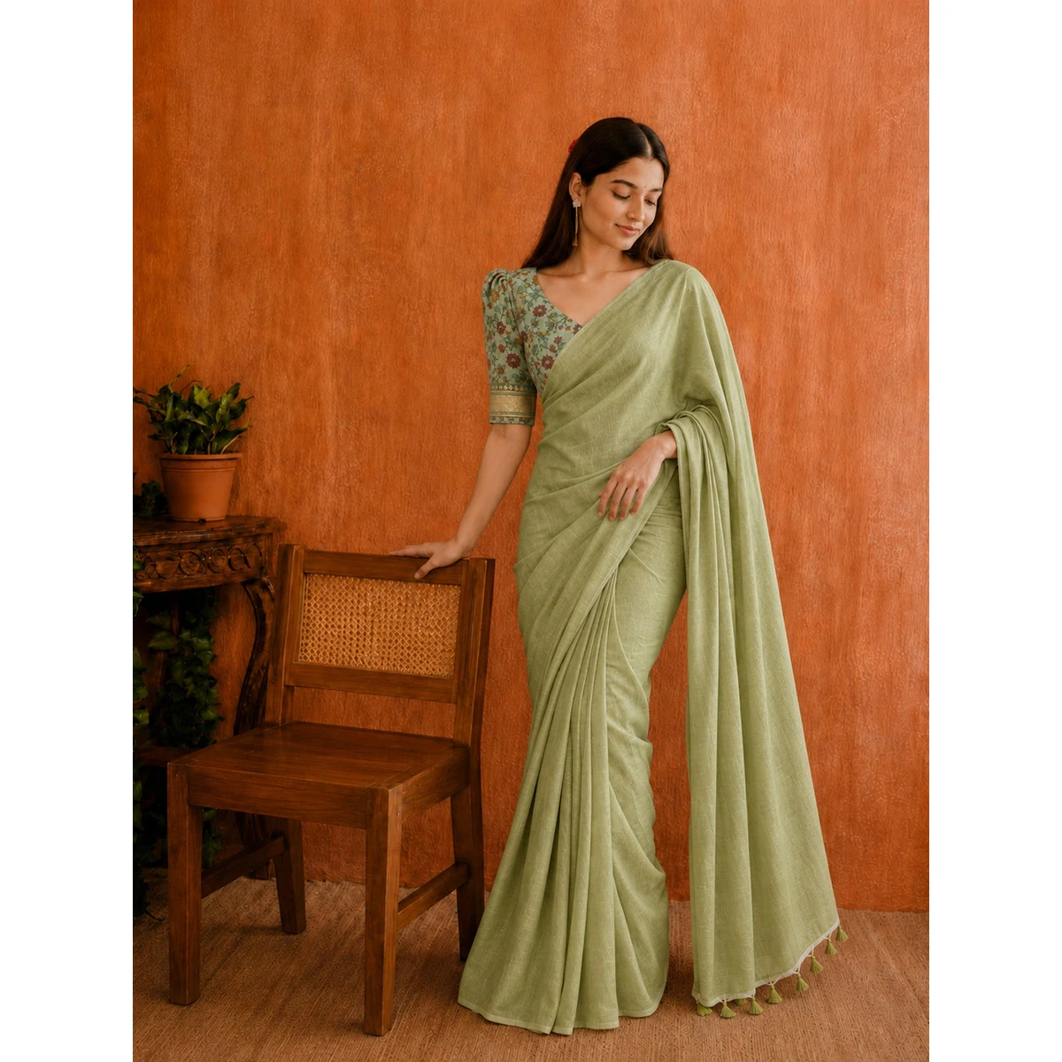 Premium Soft cotton saree with plain body and fancy Kalamkari print contrast blouse thumbnail 4
