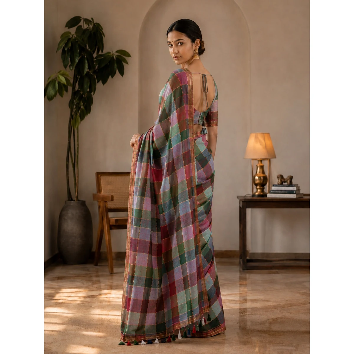 Premium Mul Cotton Multi Iyena Zari Checks Saree thumbnail 2