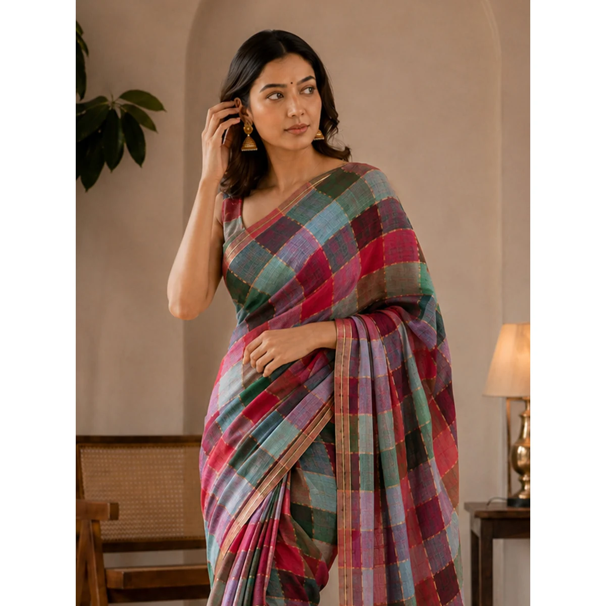 Premium Mul Cotton Multi Iyena Zari Checks Saree thumbnail 3