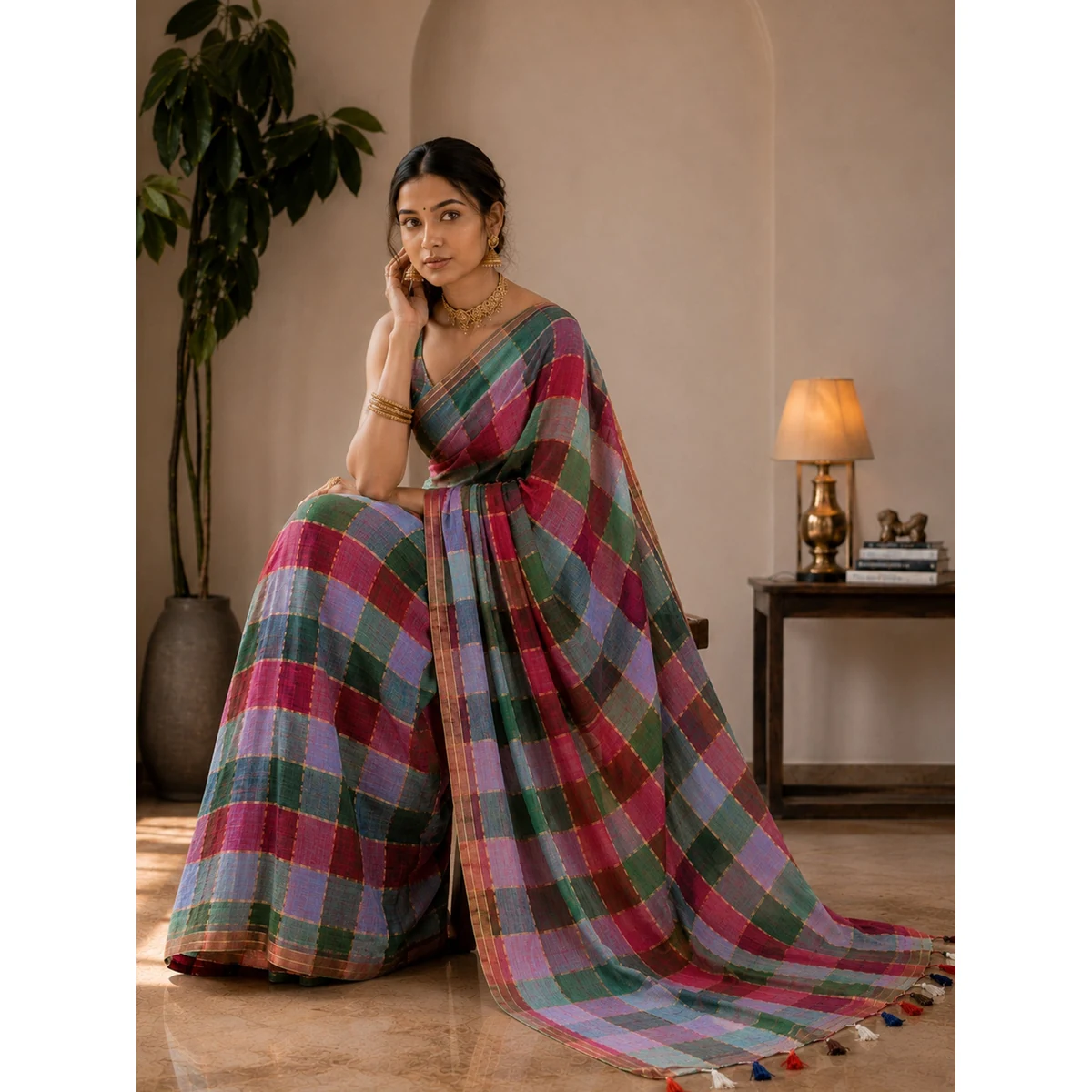 Premium Mul Cotton Multi Iyena Zari Checks Saree thumbnail 4
