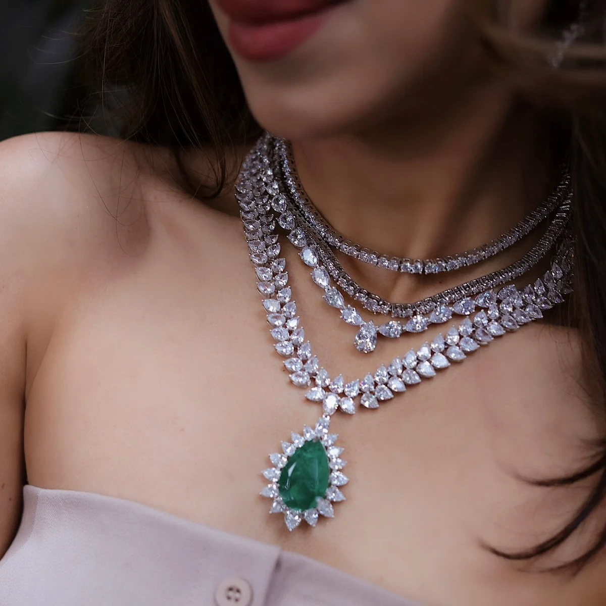 Premium Ashalina - Layered CZ Green Stone Necklace Set thumbnail 4