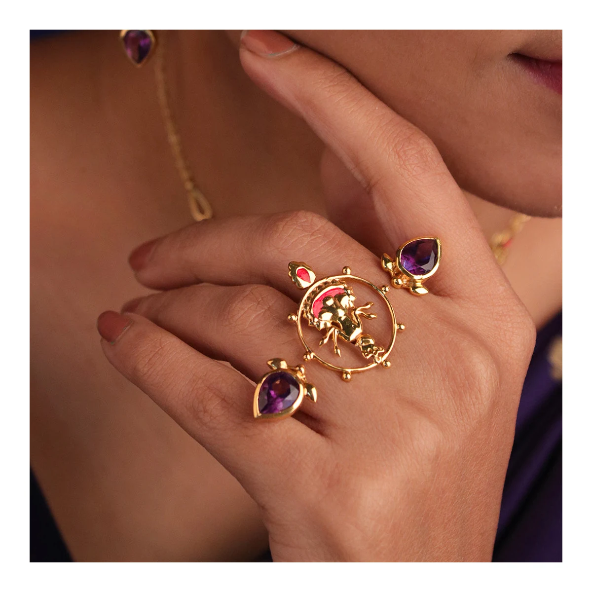 Premium Shyam Amethyst Double Silver Finger Ring thumbnail 2
