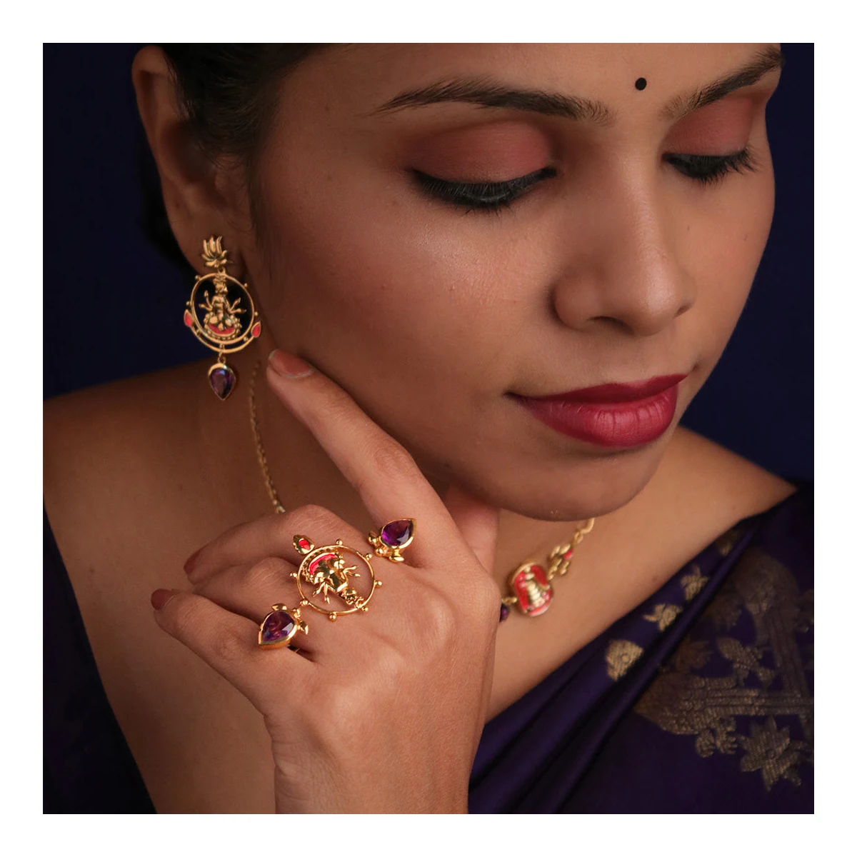 Premium Shyam Amethyst Double Silver Finger Ring thumbnail 3