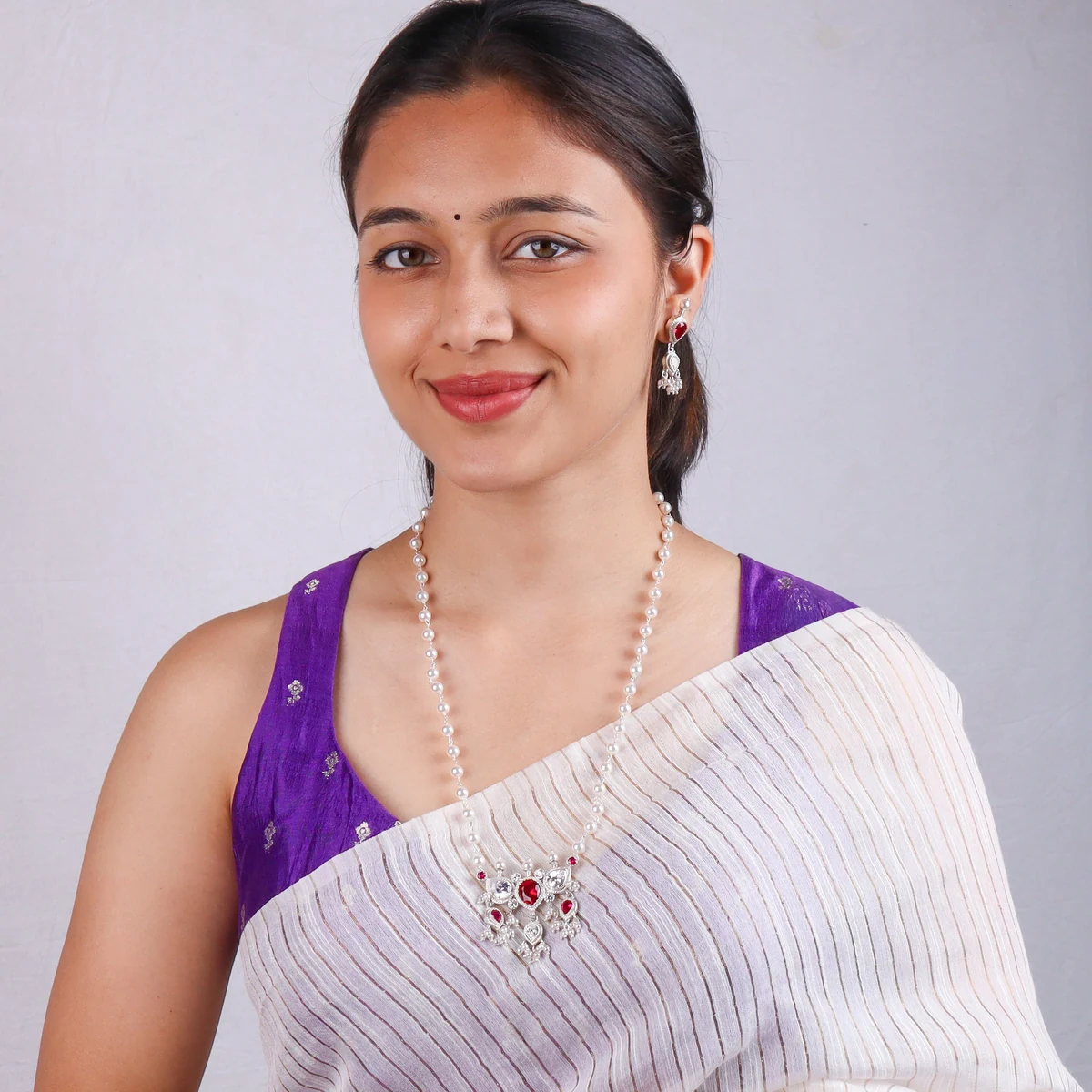 Silver Pink & White CZ Tanmani Set with Pearl Ganthan thumbnail 2