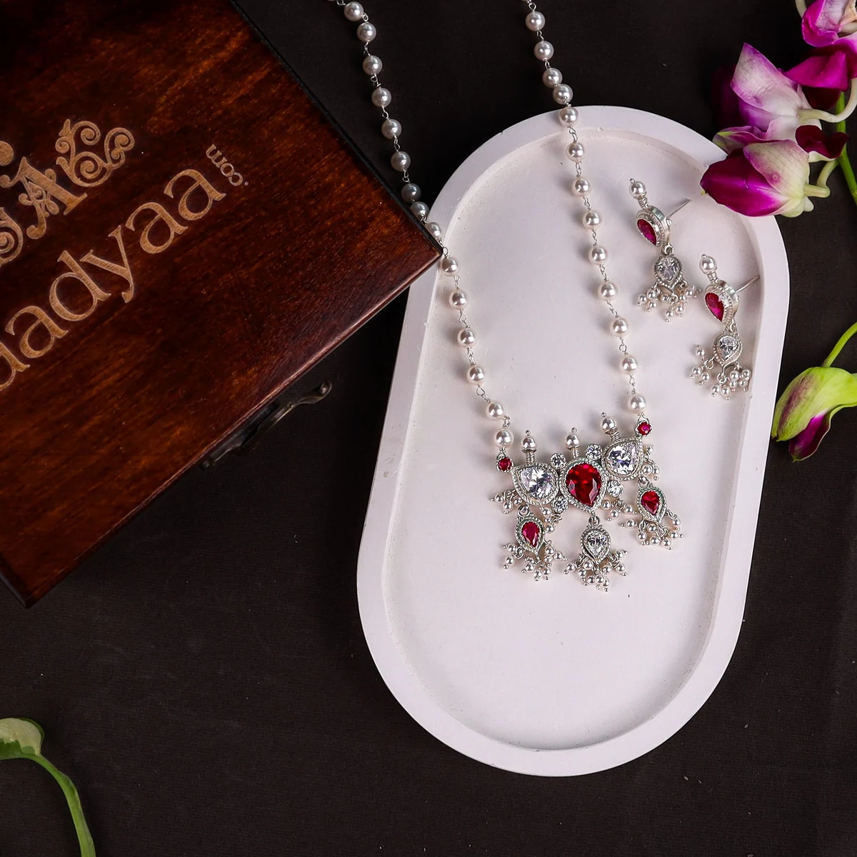Silver Pink & White CZ Tanmani Set with Pearl Ganthan thumbnail 3