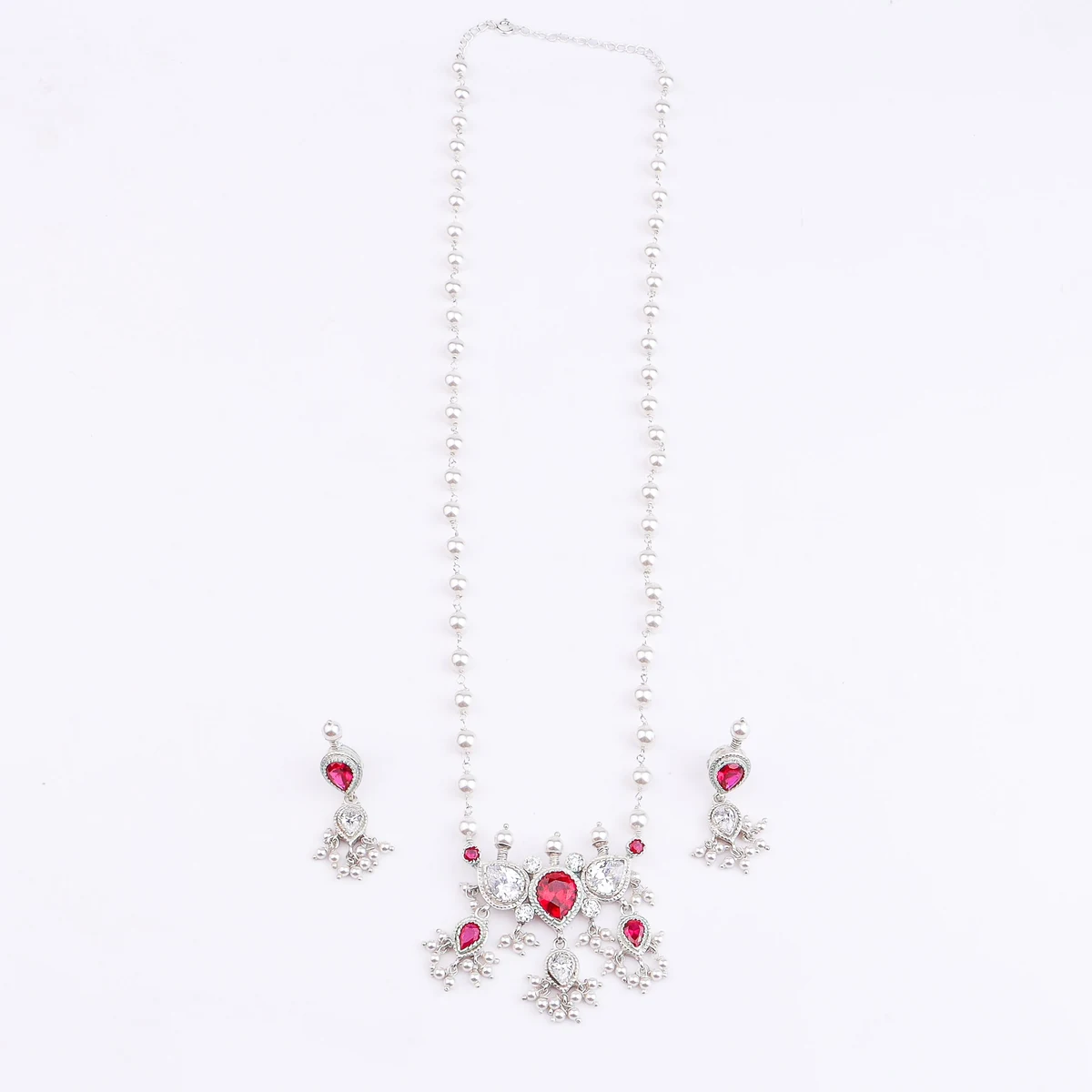 Silver Pink & White CZ Tanmani Set with Pearl Ganthan thumbnail 4