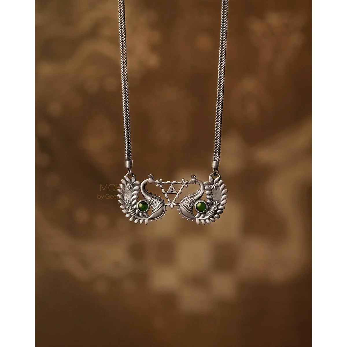 Premium Morika Silver Necklace with green stone