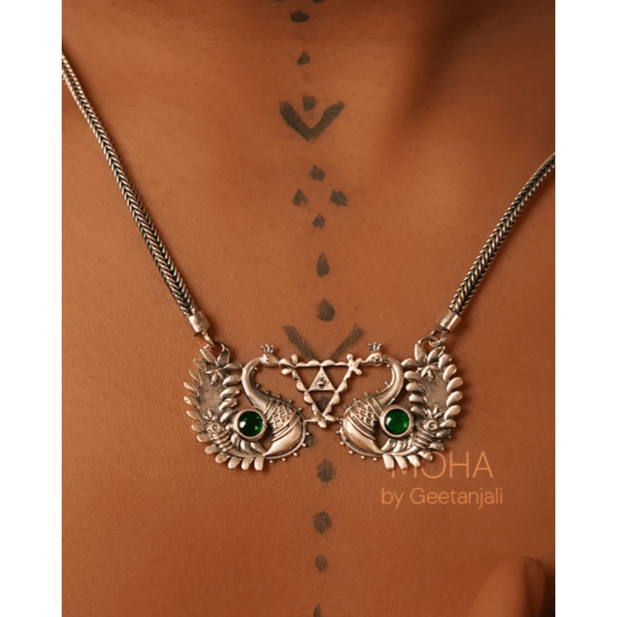 Premium Morika Silver Necklace with green stone thumbnail 2