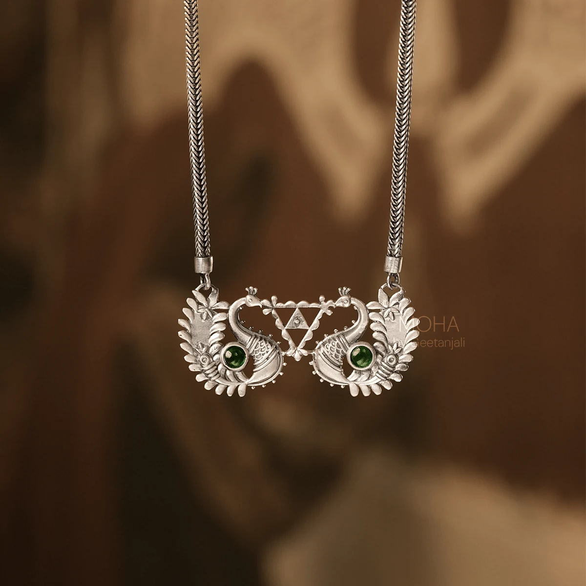 Premium Morika Silver Necklace with green stone thumbnail 3