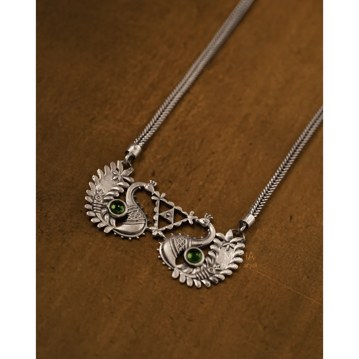 Premium Morika Silver Necklace with green stone thumbnail 4
