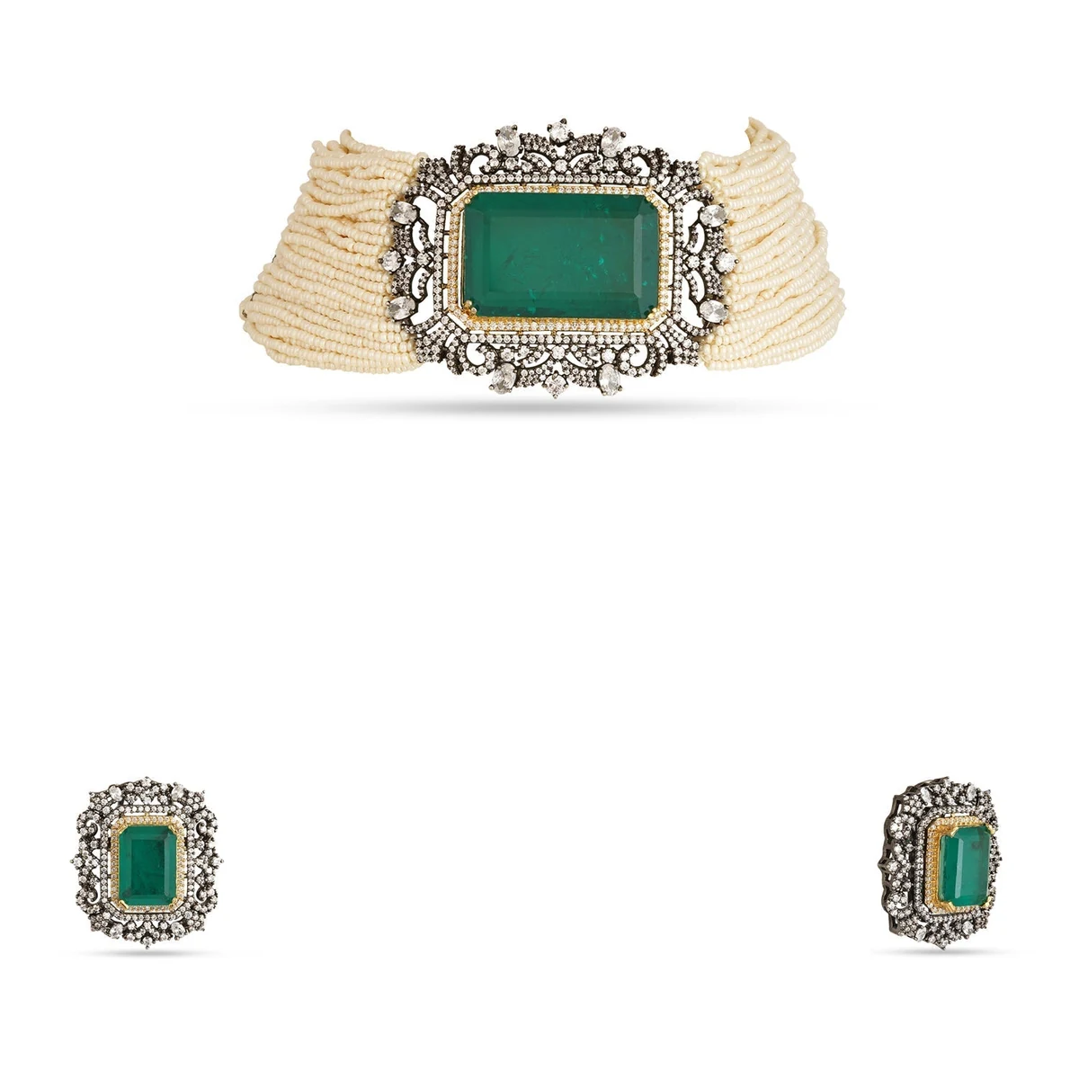 Premium Elyanna- Green Doublet Stone & Pearl Choker Set