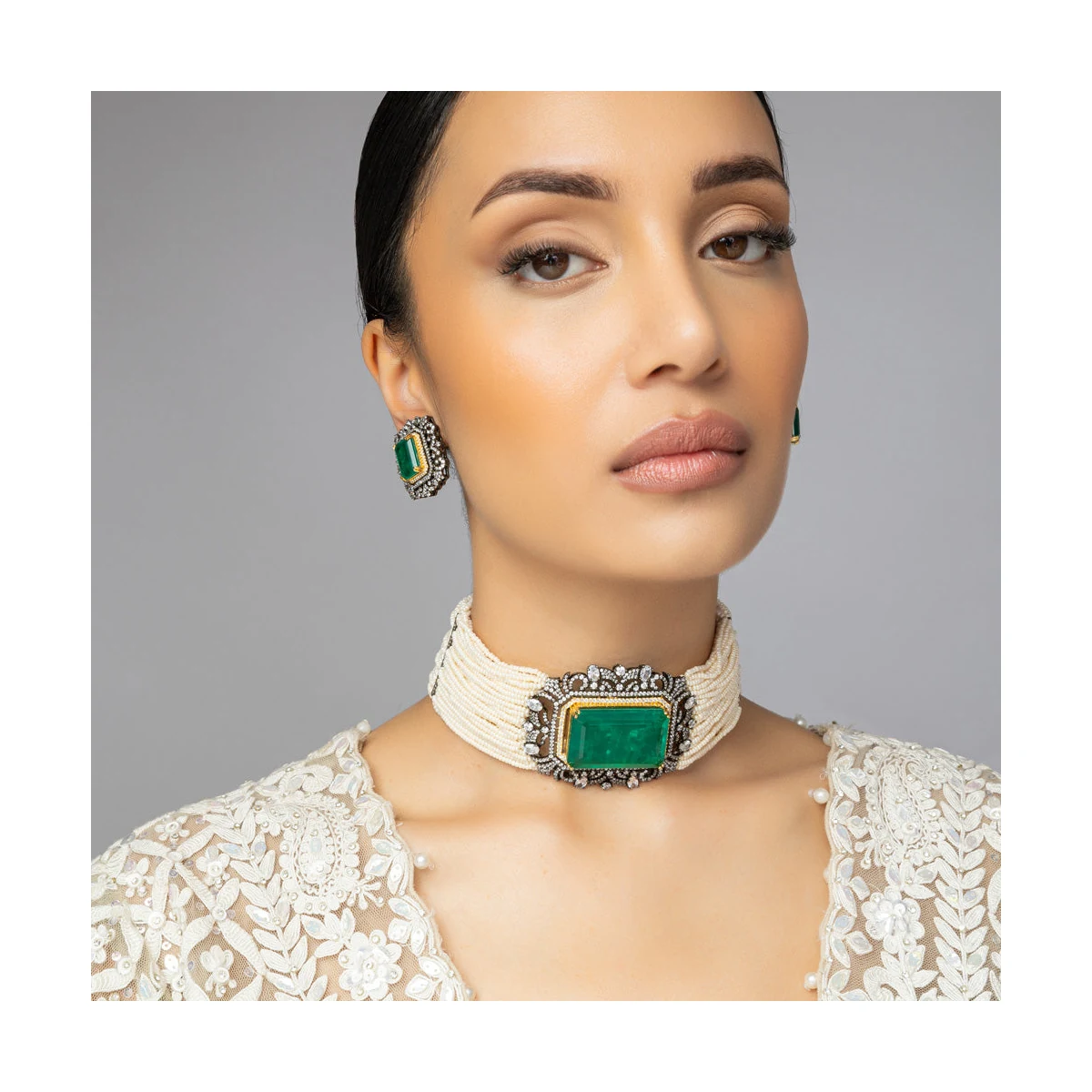Premium Elyanna- Green Doublet Stone & Pearl Choker Set thumbnail 2