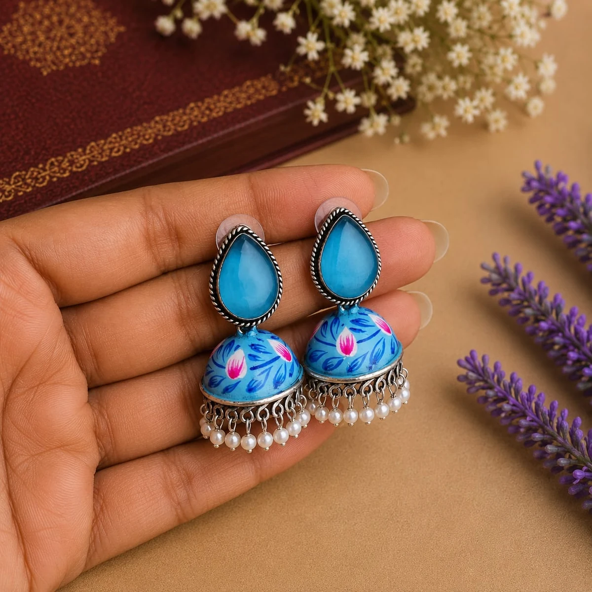 Premium Handpainted Meena Jhumka Earrings thumbnail 3