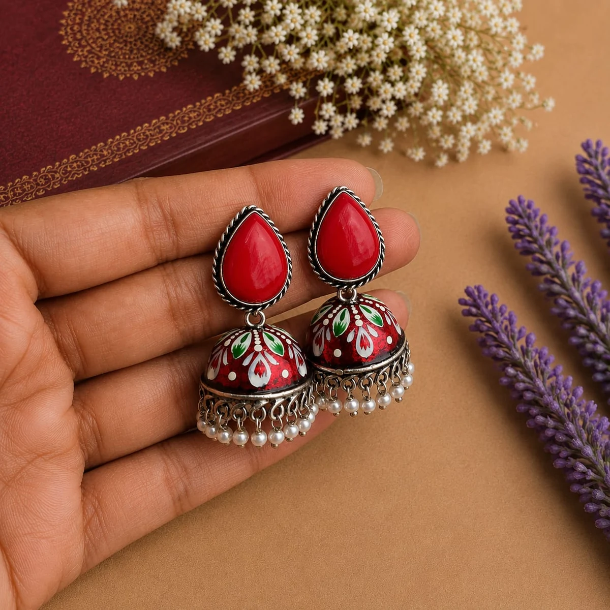 Premium Handpainted Meena Jhumka Earrings thumbnail 4