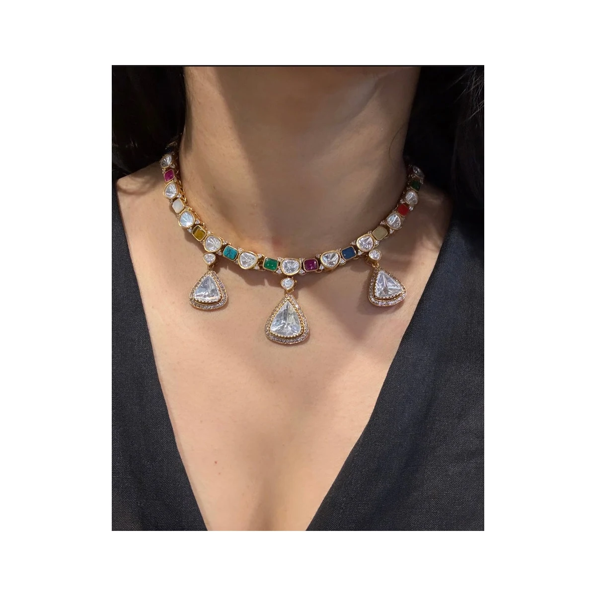 Premium Samaira - Polki and Red Stone Necklace Set thumbnail 4