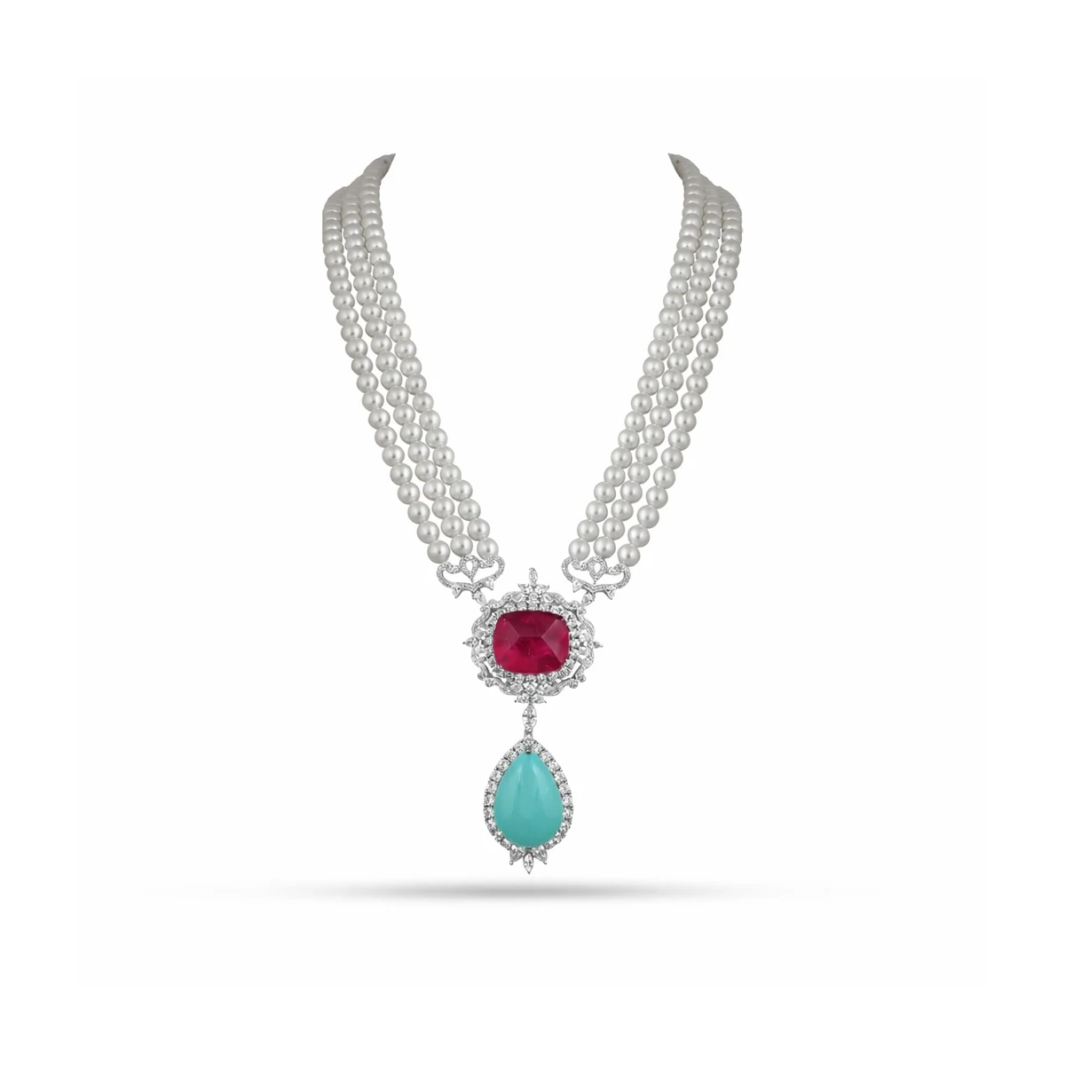 Premium Aighar - Pearl & Green Doublet Stone CZ Long Necklace