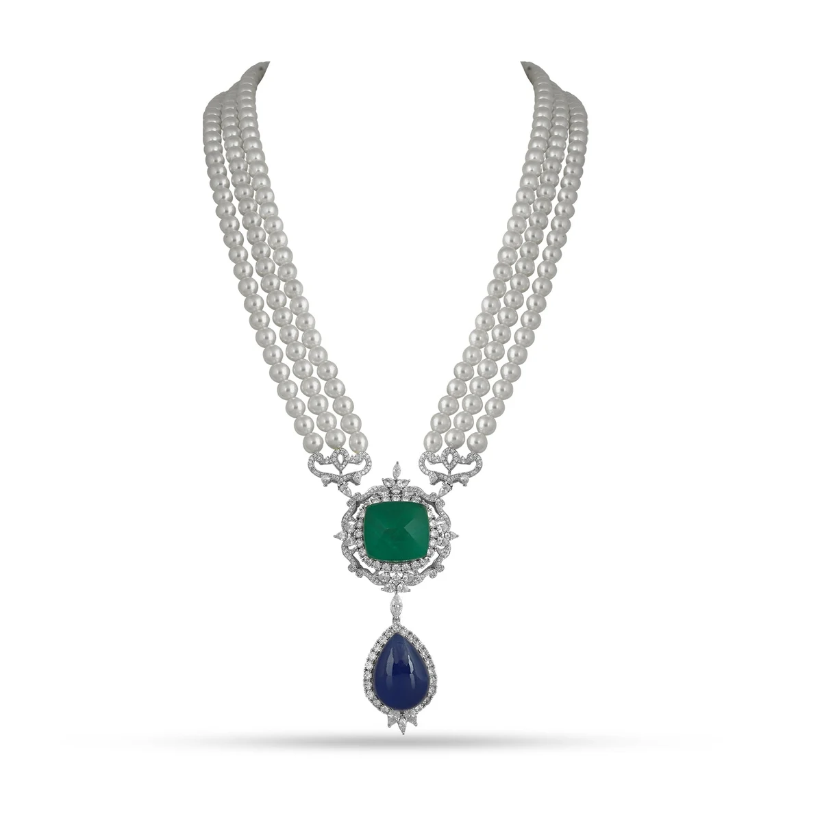 Premium Aighar - Pearl & Green Doublet Stone CZ Long Necklace thumbnail 3