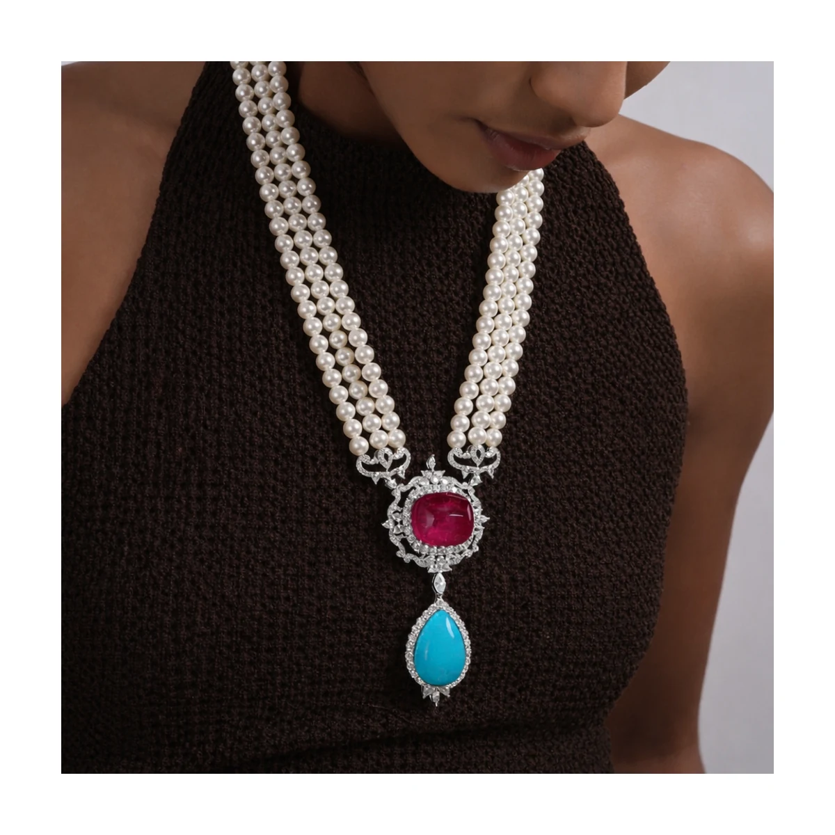 Premium Aighar - Pearl & Green Doublet Stone CZ Long Necklace thumbnail 4
