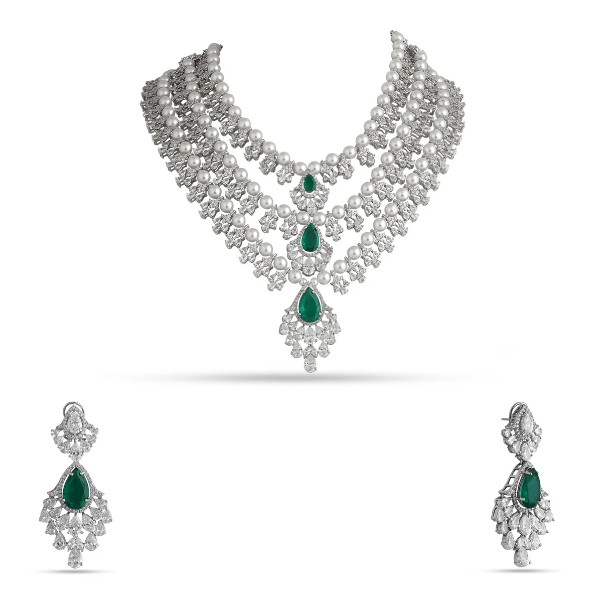 Premium Amira - Emerald Green Stone Multi-Layer Necklace Set