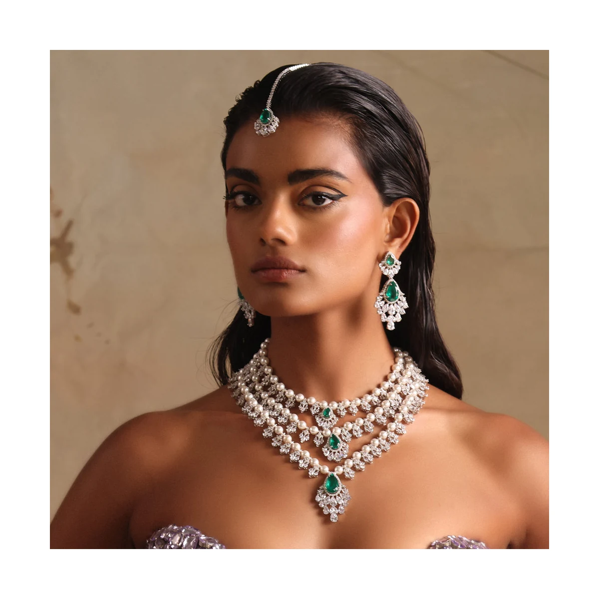 Premium Amira - Emerald Green Stone Multi-Layer Necklace Set thumbnail 2