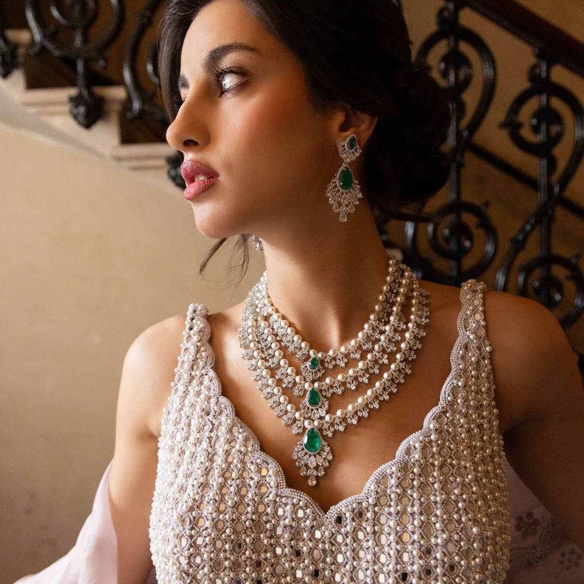 Premium Amira - Emerald Green Stone Multi-Layer Necklace Set thumbnail 4