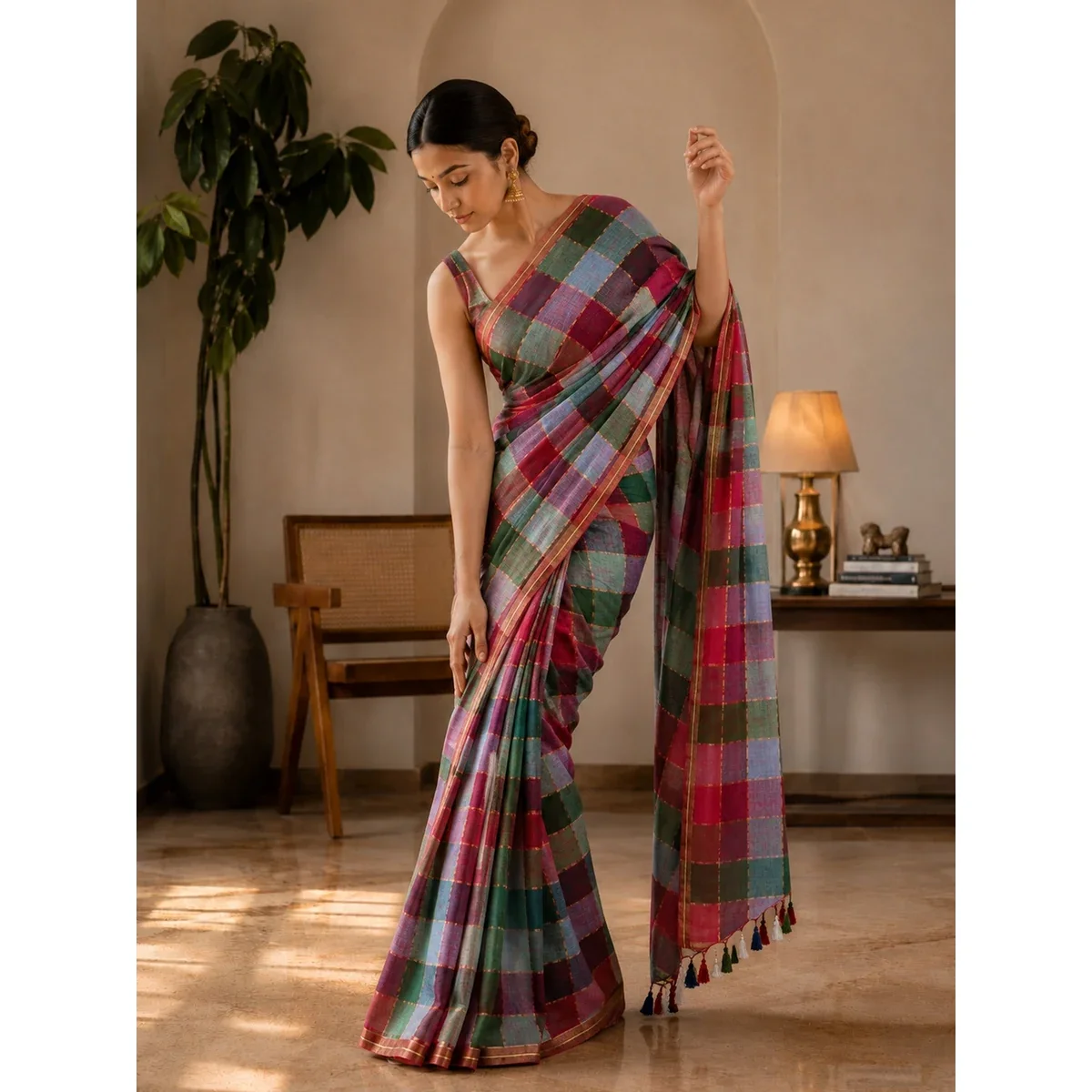 Mul Cotton Multi Iyena Zari Checks Saree