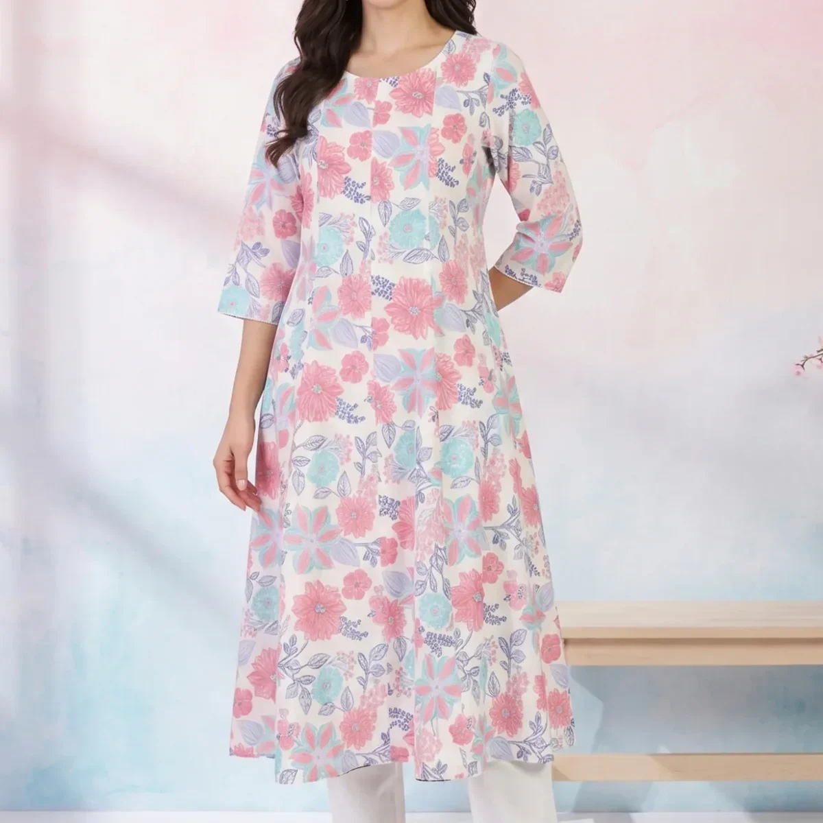 White Floral Printed Pure Cotton Flared Kurta with Trousers Set