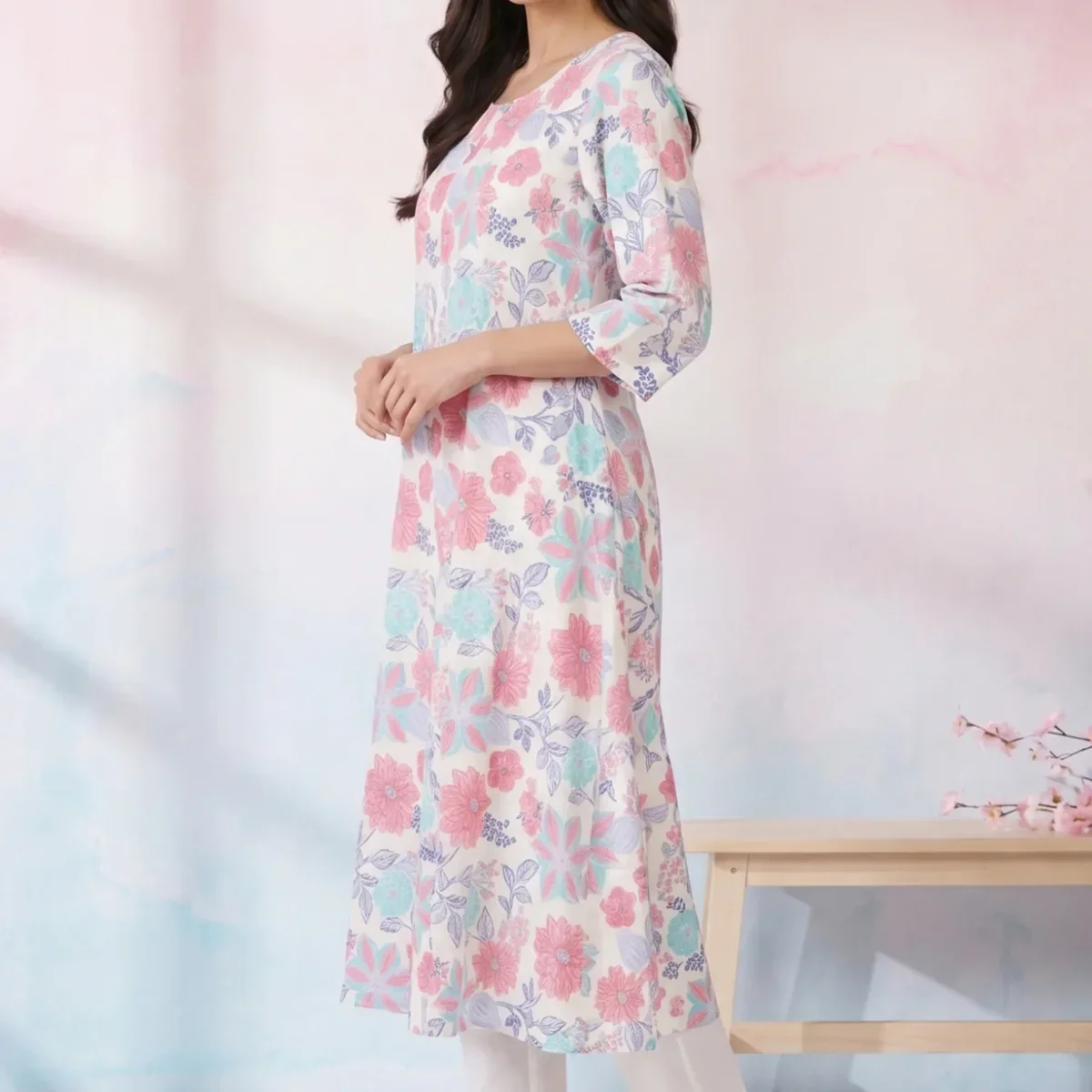 White Floral Printed Pure Cotton Flared Kurta with Trousers Set thumbnail 4