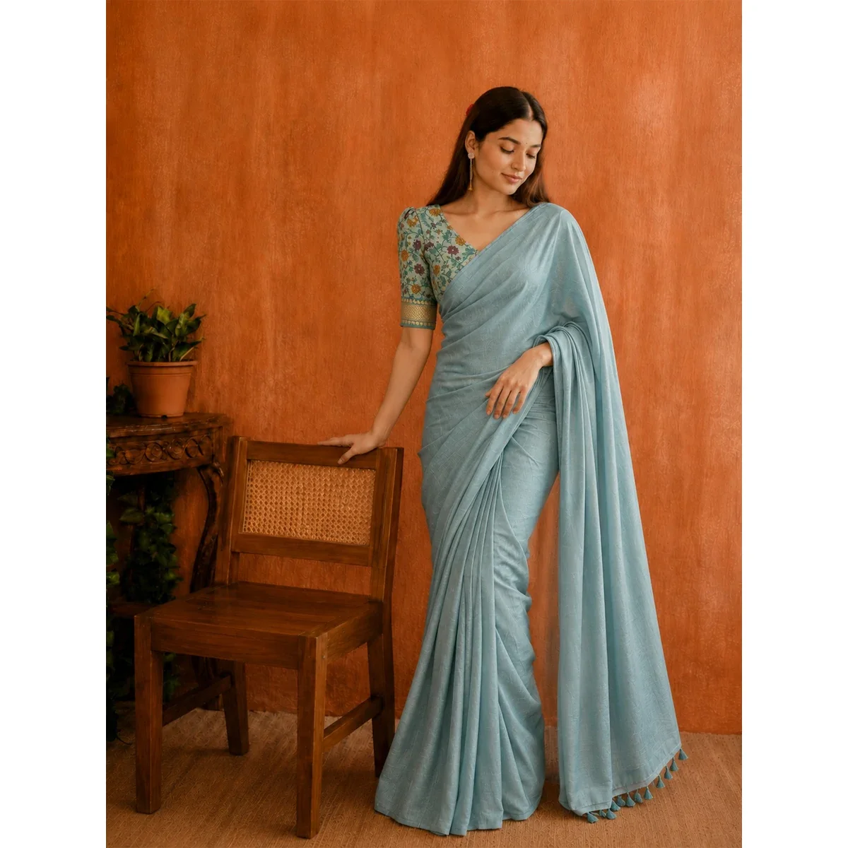 Soft Cotton Saree With Plain Body And Fancy Kalamkari Print Contrast Blouse