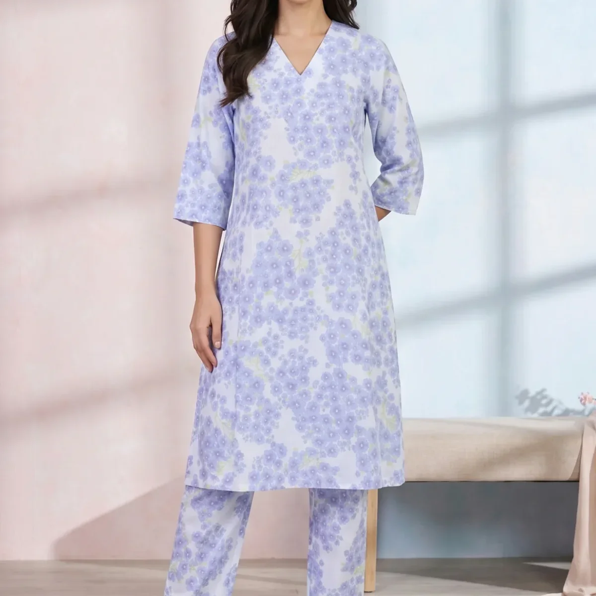 White Floral Printed Pure Cotton A-line Kurta with Pants Co-ord Set