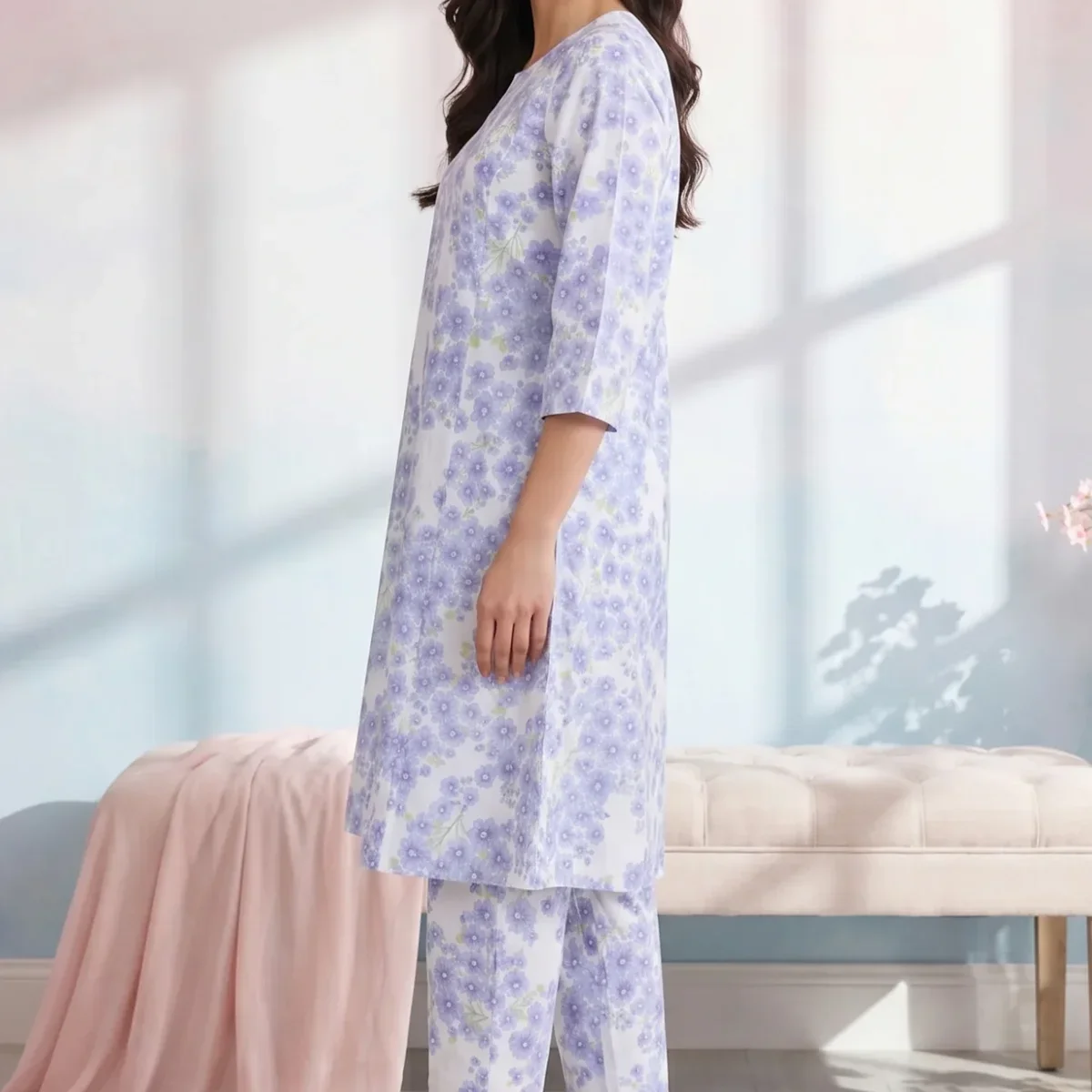 White Floral Printed Pure Cotton A-line Kurta with Pants Co-ord Set thumbnail 4