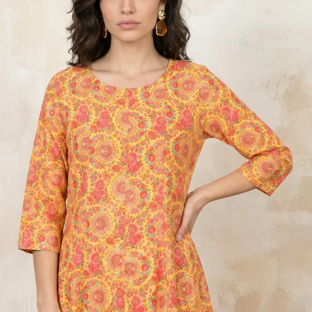 Yellow Floral Printed Rayon Flared Kurta With Pants Co-ord Set thumbnail 2